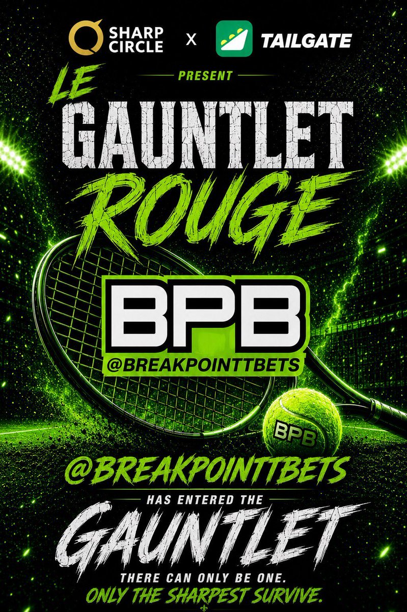 BreakPointtBets's tweet photo. Back again for a bit of fun with a great community on X 👇 

I’m participating in the $5K French Open Gauntlet by @SharpCircleBet x @thetailgateapp! 

$5,000 in CASH PRIZES 💰

FREE to Enter ❕

Join HERE: https://t.co/fTn0b1fujn

Mention “BPB” at entry & use code “SharpC “ on Tailgate