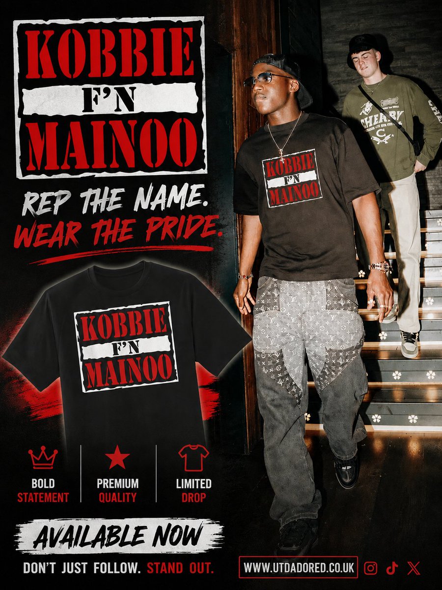UtdadoRED_'s tweet photo. KOBBIE F'N MAINOO 🔥
Bold. Loud. Unmissable.
Show your support with one of the standout tees from Utd adoRED. Premium quality, streetwear style, and made for fans who back the next generation.
🛒 Available now:
https://t.co/qy239QcTJg
#MUFC #KobbieMainoo #FootballFashion #Streetwear #UtdAdoRED