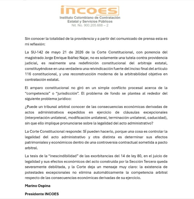 INCOES1's tweet photo. Reflexión del presidente del INCOES Jesús Marino Ospina Mena sobre Sentencia SU-142/26 (21 de mayo)
M.P. Jorge Enrique Ibáñez Najar
Expediente: T-11.087.982 https://t.co/MrjI1PSO8R