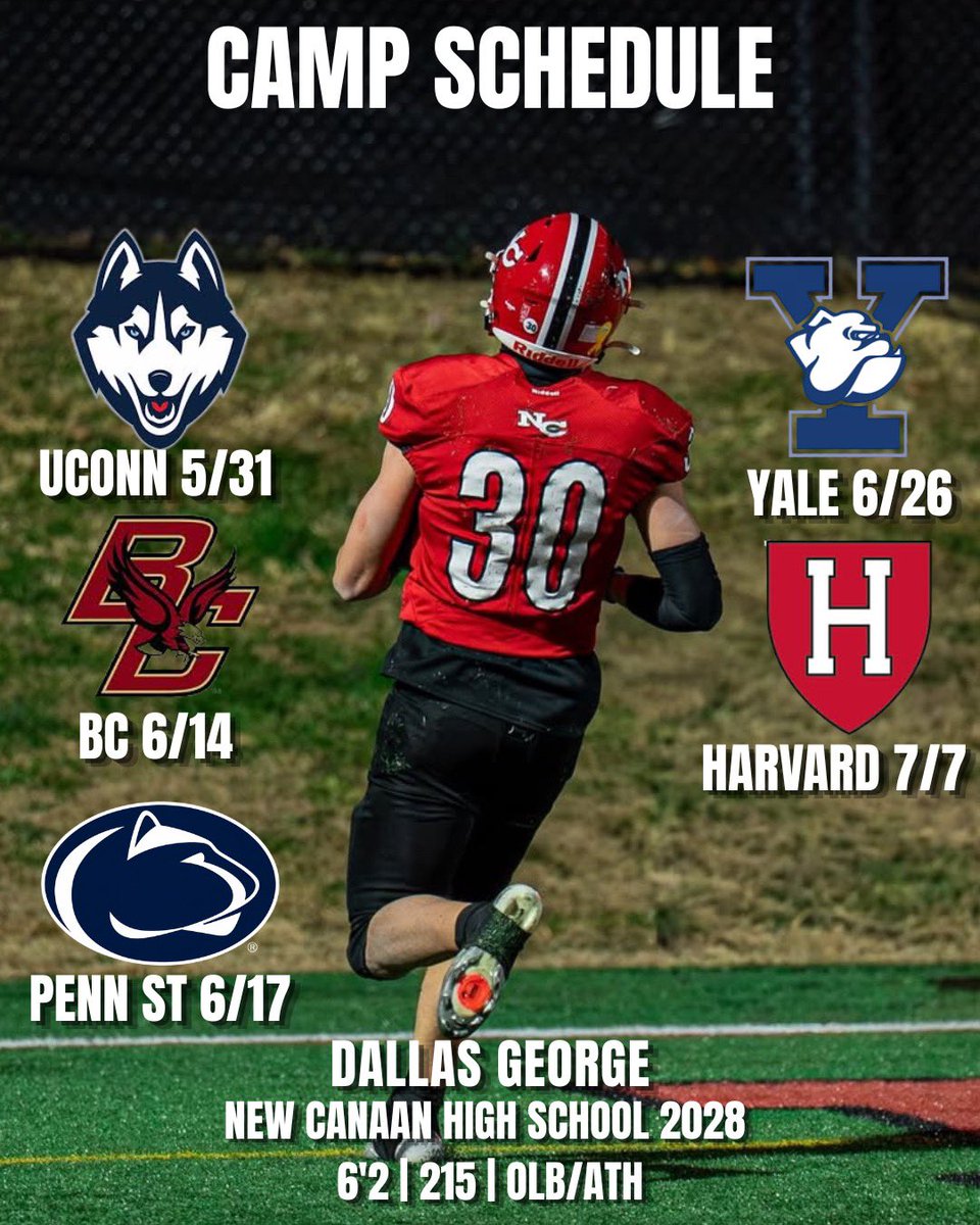 DallasGeor97611's tweet photo. Here is my current camp schedule for the summer!! Excited to compete and show out!! 

@Coach_Nguyen @NewCanaanFB https://t.co/kKkvMNkjNR