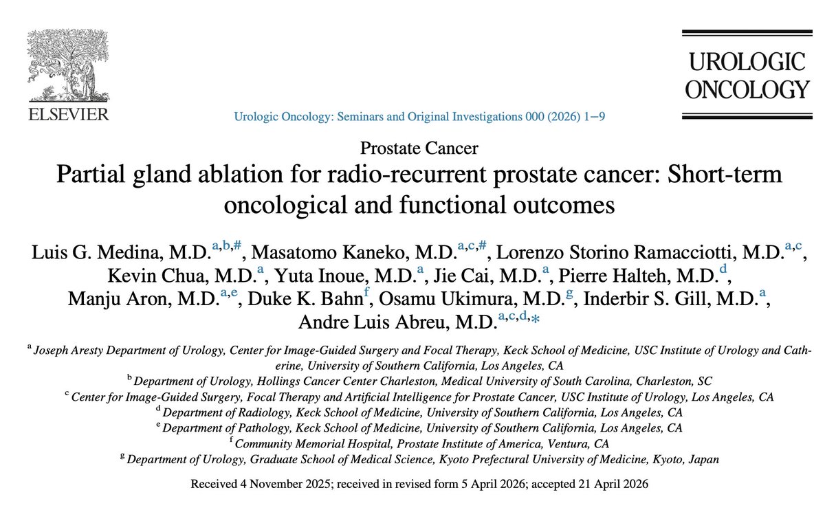LuisMedinaMD's tweet photo. Partial gland ablation for radio-recurrent localized prostate cancer 

Interesting initial series evaluating short-term oncological and functional outcomes after salvage HIFU and cryotherapy.

Great team led by  @ALDCAbreu and @KanekoMasatomo 

➡️ https://t.co/iNMVVMlN2s

@lorenzormc @emory_urology @EmoryUroOnc @USC_Urology @MUSC_UroOnc @RSanchez_Salas @FocalSociety @MUSC_UroOnc @SUO_YUO @ResidentesCAU @kevinchua_
