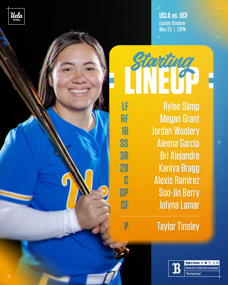 UCLASoftball's tweet photo. Starters for Game 2! 📋

📺: ESPN
📲: https://t.co/Q5hqjvNBo9
📊: https://t.co/0KBBCVTm8D

#GoBruins https://t.co/TuGZlJrDLT