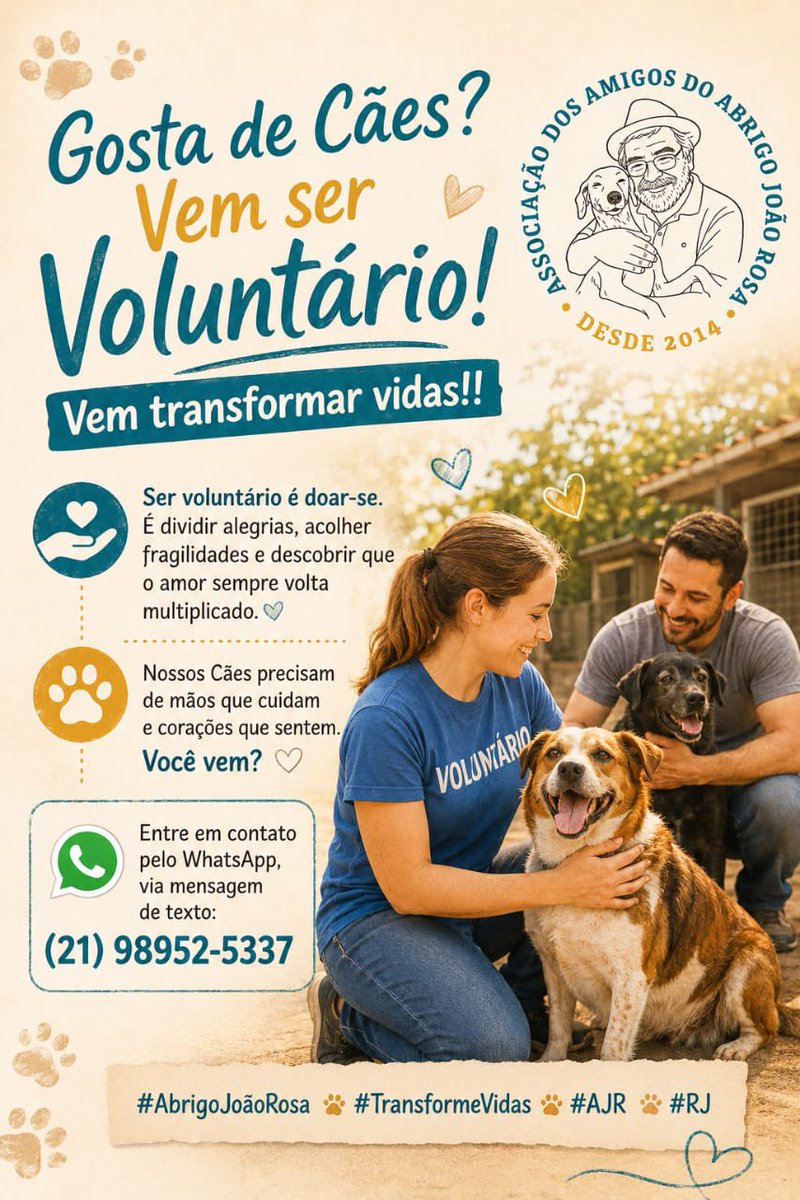 abrigojoaorosa's tweet photo. 🐾 Você ama cães? Então eles precisam de você! ❤️

Ser voluntário é doar um pouco do seu tempo e receber muito amor em troca. Nossos peludos precisam de mãos que cuidam, carinho e companhia.

Venha transformar vidas — inclusive a sua. 🐶✨

📲 WhatsApp: (21) 98952-5337 https://t.co/NOj3SwFSyg