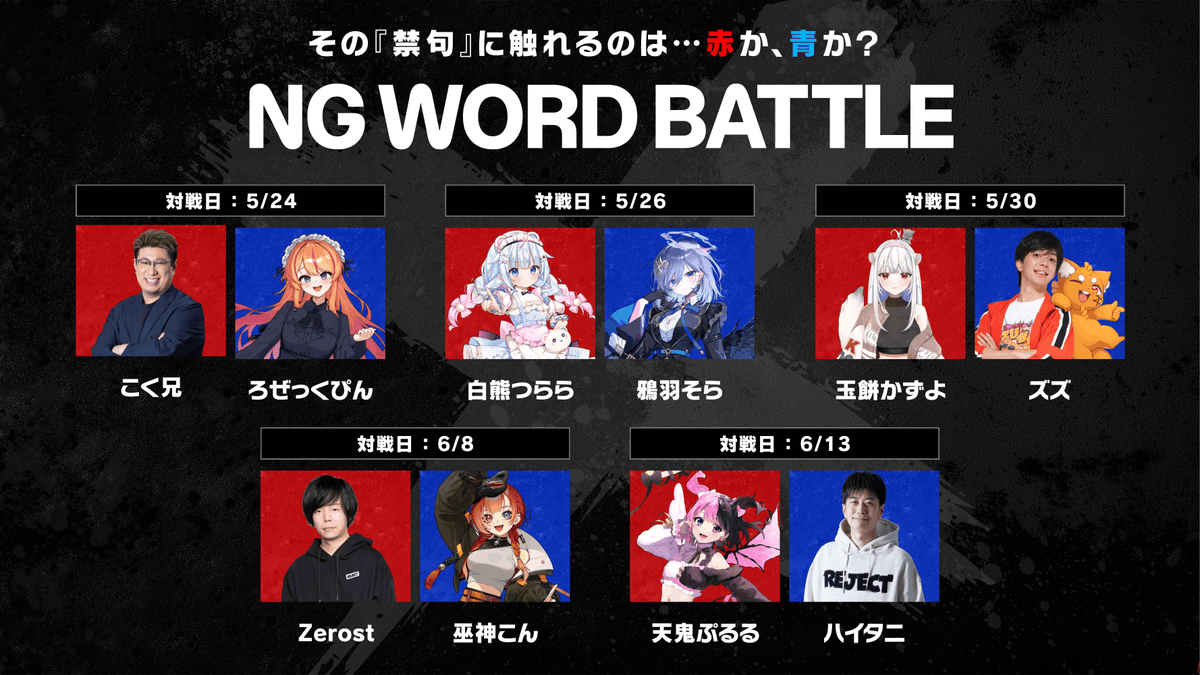 RC_REJECT's tweet photo. ◼︎第1試合
5月24日
RED：こく兄（@kokujind）
BLUE：ろぜっくぴん（@rosec_pin）

◼︎第2試合
5月26日
RED：白熊つらら(@tsuratan_kuma)
BLUE：鴉羽そら(@karasuba_sora)

◼︎第3試合
5月30日
RED：玉餅かずよ (@tamamochikazuyo)
BLUE：ズズ (@zetyou2)

◼︎第4試合
6月8日
RED：Zerost (@Zerost_s)
BLUE：巫神こん (@mikami_kon)

◼︎第5試合
6月13日
RED：天鬼ぷるる (@0PuRuRu)
BLUE：ハイタニ (@hai090)