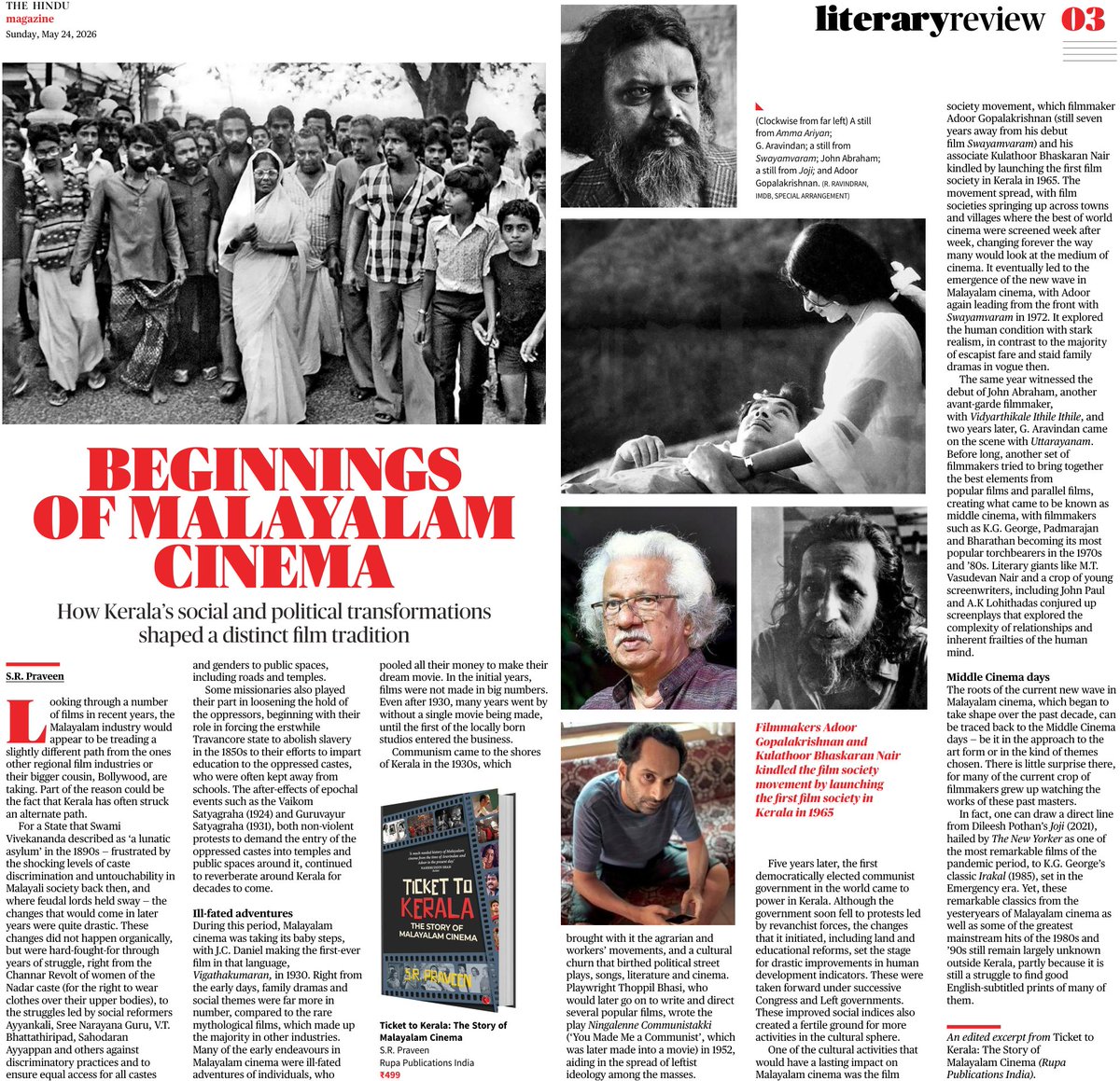 myopiclenses's tweet photo. An excerpt from my book 'Ticket to Kerala : The Story of Malayalam Cinema' published in The Hindu Sunday Magazine's Literary Review today. 
Article link and Amazon link in next tweet
@the_hindu @TheHinduMag https://t.co/mdbTXjmUFs