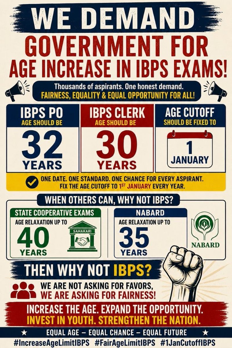 ee_ayan's tweet photo. Aspirants are united with two demands:

1st January age cutoff

2 years age relaxation for General/EWS in Clerk &amp; PO

@PMOIndia @InDFS @FinMinIndia
@ibps_official
#FixIBPSAgeCutoffTo1stJan
#AgeRelaxation
#EqualOpportunity
A NATION-WIDE PLEA: FIX THE AGE RELAXATION. https://t.co/LwEuJKKmYT