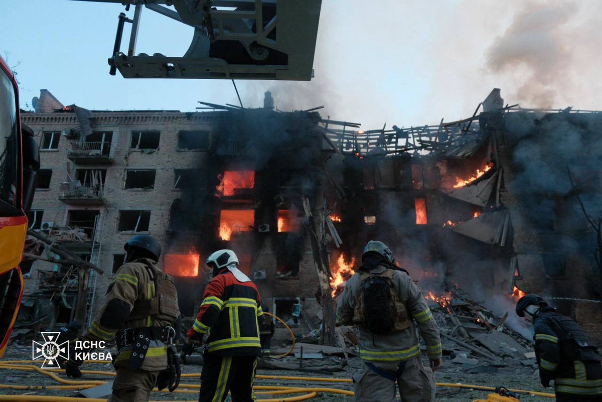 StratcomCentre's tweet photo. Overnight, Russians sent missiles and drones onto the civilian population of Ukraine's capital city, targeting residential buildings and shopping areas.

The attack lasted for almost 5 hours, and its consequences were recorded in virtually all districts of the city – at more than 40 locations.

As of the morning, there are at least 21 victims, including a 15-year-old boy. One person was killed. Three injured people are in a critical condition.

Residential buildings, dormitories, schools, an office center, warehouses, auto repair shops, and garages were hit. Fires broke out in many districts.

▪️Darnytsia District — damaged dormitories, non-residential buildings, auto repair shops, and cars.
▪️Obolonskyi District — drone strikes on residential buildings, large-scale fires.
▪️Shevchenkivskyi District — damaged residential buildings and an office center, schools and a gas pipe between buildings were on fire.
▪️Dniprovskyi District — fires in the private sector, damaged warehouses and garages.
▪️Svyatoshynskyi District — missile fragments fell on a private house.
▪️Podilskyi District — fragments fell on non-residential buildings.
▪️Golosiyivskyi District — fragments fell on the roof of a 24-story building.
