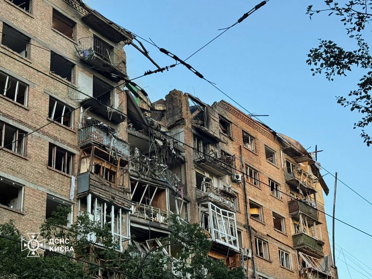 StratcomCentre's tweet photo. Overnight, Russians sent missiles and drones onto the civilian population of Ukraine's capital city, targeting residential buildings and shopping areas.

The attack lasted for almost 5 hours, and its consequences were recorded in virtually all districts of the city – at more than 40 locations.

As of the morning, there are at least 21 victims, including a 15-year-old boy. One person was killed. Three injured people are in a critical condition.

Residential buildings, dormitories, schools, an office center, warehouses, auto repair shops, and garages were hit. Fires broke out in many districts.

▪️Darnytsia District — damaged dormitories, non-residential buildings, auto repair shops, and cars.
▪️Obolonskyi District — drone strikes on residential buildings, large-scale fires.
▪️Shevchenkivskyi District — damaged residential buildings and an office center, schools and a gas pipe between buildings were on fire.
▪️Dniprovskyi District — fires in the private sector, damaged warehouses and garages.
▪️Svyatoshynskyi District — missile fragments fell on a private house.
▪️Podilskyi District — fragments fell on non-residential buildings.
▪️Golosiyivskyi District — fragments fell on the roof of a 24-story building.