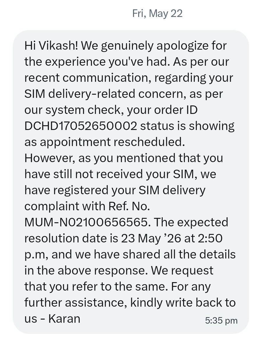 vikashkbr's tweet photo. @ViCustomerCare @ViCustomerCare Still no SIM delivery or update from your team. Kindly take necessary action and resolve this issue ASAP. 
#Vi #CustomerService https://t.co/HnrfeMlIjA