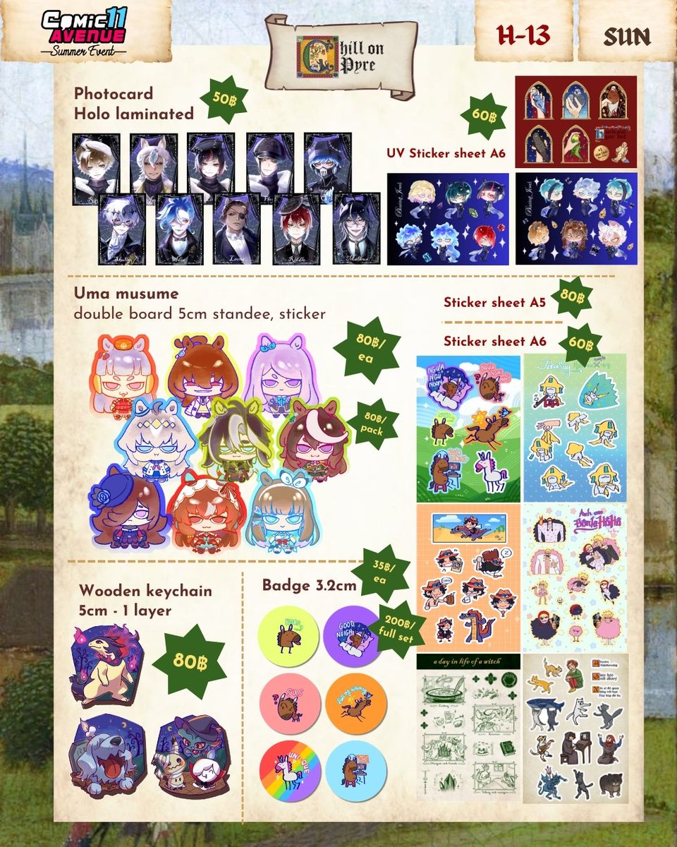ChillonPyre's tweet photo. [🔄 &amp; ❤ APPRECIATED]  
Here's our catalogue for #ComicAvenue11 🔥

📦 Booth: H-13
📅 31/5 (SUN)
📷 Fandom: Medieval originals, Pokemon, DTW, Uma musume, One Piece 

See you guys there 👋👋

 #CASummer #CA11_SUN https://t.co/96j8fDrsX3