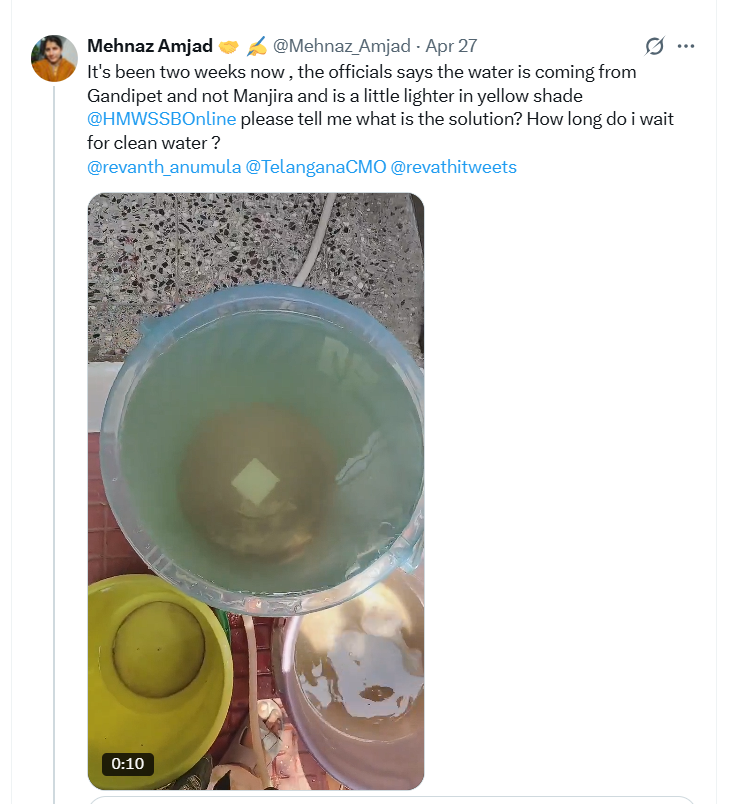 Mehnaz_Amjad's tweet photo. @MDHMWSSB Sir, I've been writing to @HMWSSBOnline since April, and no one pays any heed to my complaints

@revanth_anumula @TelanganaCMO @vinay_vangala @GHMCOnline https://t.co/BvzZ1i18vg