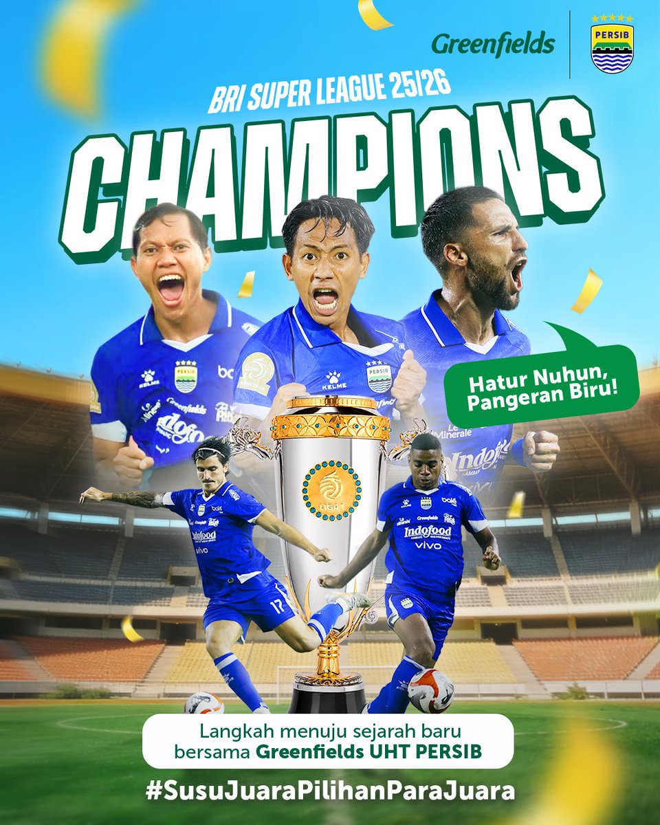 GreenfieldsID's tweet photo. JUARA DEUI PANGERAN BIRU! 🔥

Satu musim penuh dibikin deg-degan, ayeuna waktuna Bobotoh senang-senang 🏆💙

Greenfields UHT PERSIB bangga bisa jadi bagian dari perjalanan para juara sampai titik ini! 🥛💚

#SusuJuaraPilihanParaJuara #GreenfieldsIndonesia #GreenfieldsUHT #PERSIB https://t.co/qM8KDgwSoM