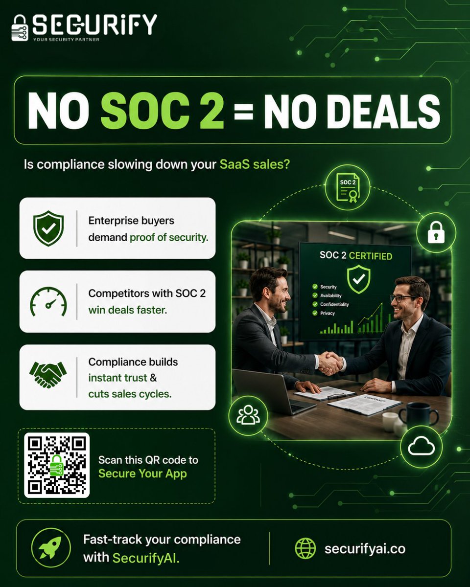 cybersecurify's tweet photo. SOC 2 builds trust.
No SOC 2 = lost SaaS deals 🚫

Enterprise buyers expect security compliance before signing.
🚀 Fast-track SOC 2 with Securify AI:

🎥 https://t.co/XpeHLkcvTl   

🛡️ https://t.co/DKajw4jvaV

#SOC2 #SaaS #CyberSecurity #SecurifyAI https://t.co/5WIXWKnvwT