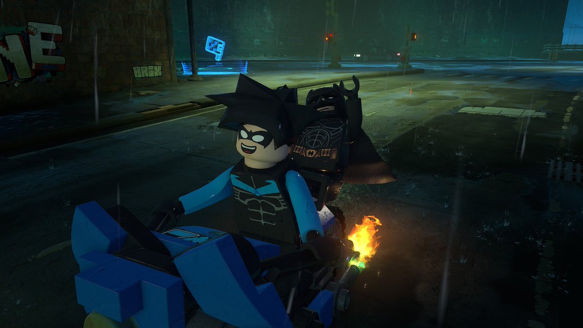 Zebrawl16's tweet photo. I finally got Nightwing's Lego Batman: The Videogame suit after a lot of collectible cleanup and I decided the first thing to do while having the suit active was take Batman on a bike ride 😅

@LEGODCGame #LegoBatmanGame https://t.co/d0gvUlFKir