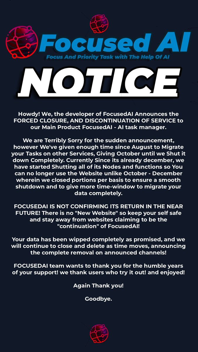 NexusNetInt's tweet photo. FocusedAI is officially closing its doors. Thank you to everyone who used it over the past 2 years as your AI task tracker. This closure reflects our commitment to focusing on what actually matters — Thank you for everything. 🙏
>>https://t.co/zDMdIw93Ly << https://t.co/clWgIQ1gHb