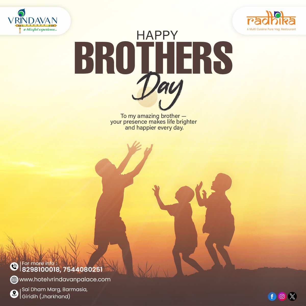 vrindavan_hotel's tweet photo. 💙👬 Happy Brothers Day! 👬💙

To my amazing brother — your presence makes life brighter, happier, and full of unforgettable moments 🌟

#HappyBrothersDay #BrothersLove #SiblingBond #BestBrother #FamilyLove #BrotherSisterLove #ForeverBond #SpecialConnection #LoveMyBrother https://t.co/N3awF4Ieeq