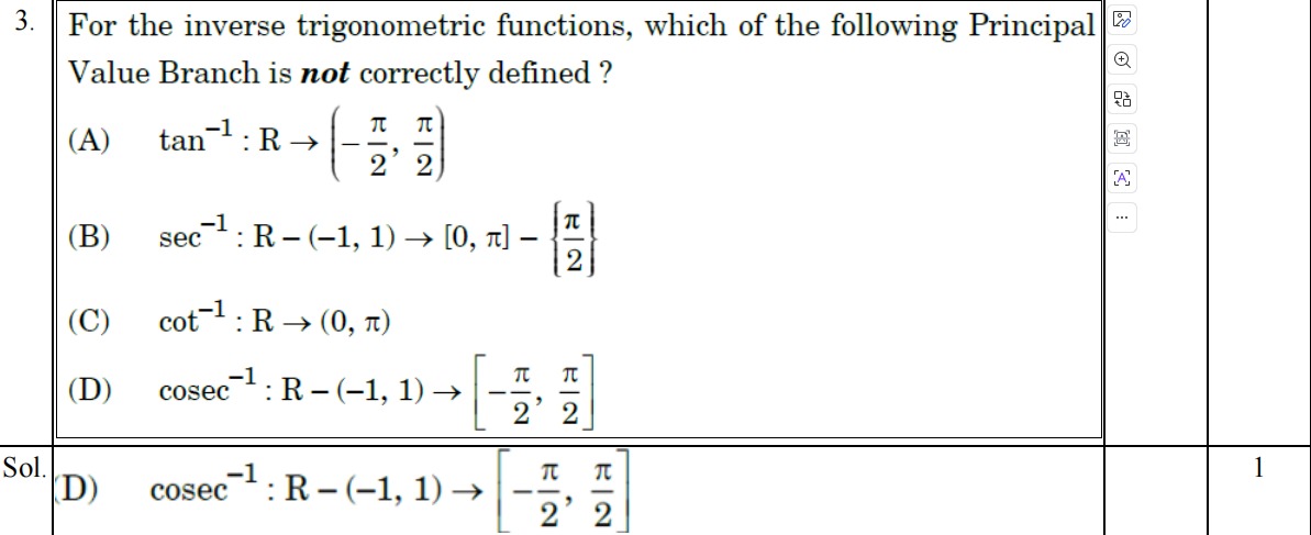 Lord_aizen3's tweet photo. CBSE marking scheme says option (D) is correct for this inverse trigono question.
I wrote the exact same answer, yet marks were deducted.
Students are expected to be precise in maths. Evaluation should be equally precise and fair.
@cbseindia29 @EduMinOfIndia
#CBSE #FairChecking https://t.co/wpWk99iTru