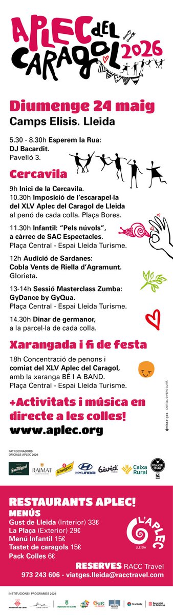 AplecCaragol's tweet photo. Diumenge gran #AplecLleida2026
🐌 + 🎷🎶🎸🎵👩🏻‍🍳🍽️🤡🍐🍺🍷🎭🎤🥁🎉🎊🎈… Cercavila!
Programa i reserves restaurant: https://t.co/UEYzQnNBNr https://t.co/J86o12yXqj
