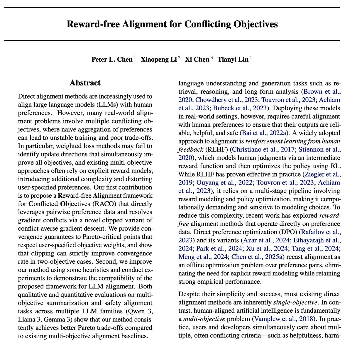 PeterLauLukCh's tweet photo. Check RACO, accepted as an 𝗢𝗿𝗮𝗹 paper to #ICML2026 (𝗧𝗼𝗽 𝟬.𝟳%)✨

we propose a new conflict-averse optimization scheme for LLM multi-objective finetuning, with counterintuitive theoretical acceleration and better empirical pareto frontier.

paper: https://t.co/pDvjn5fYR4 https://t.co/RsxmFiLz3G