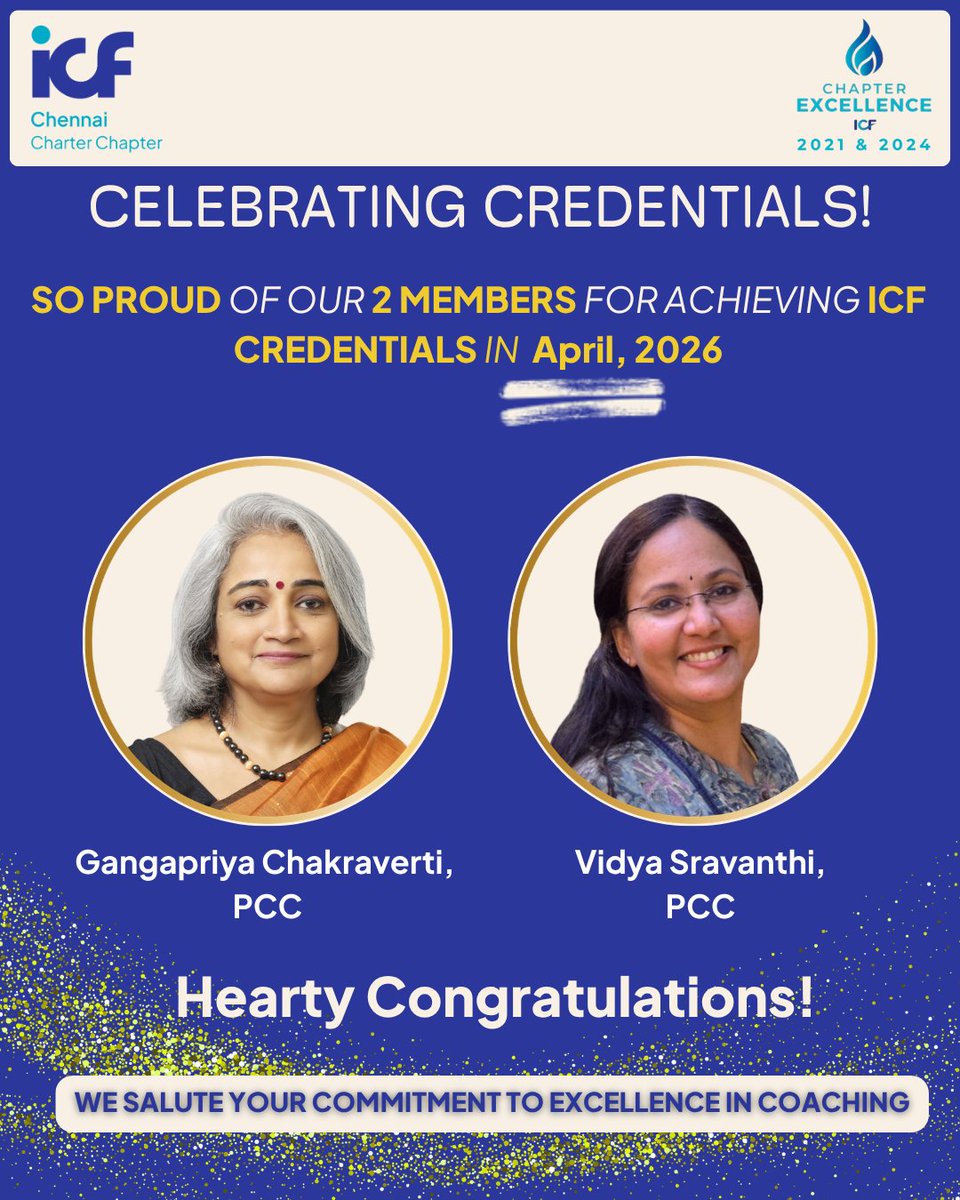 ICF_Chennai's tweet photo. This month brings us twice the joy! ๐
We proudly celebrate our 2 members: Gangapriya and Vidya for achieving ICF PCC Credentials, in April 2026. ๐
Wishing you both abundant growth!๐ฟ
@ICFHQ
#ICFChennaiCharterChapter #ACC #PCC #MCC #ACTC #ICFCredentials #GROWCoaches #ICF https://t.co/5gUjrpePzI