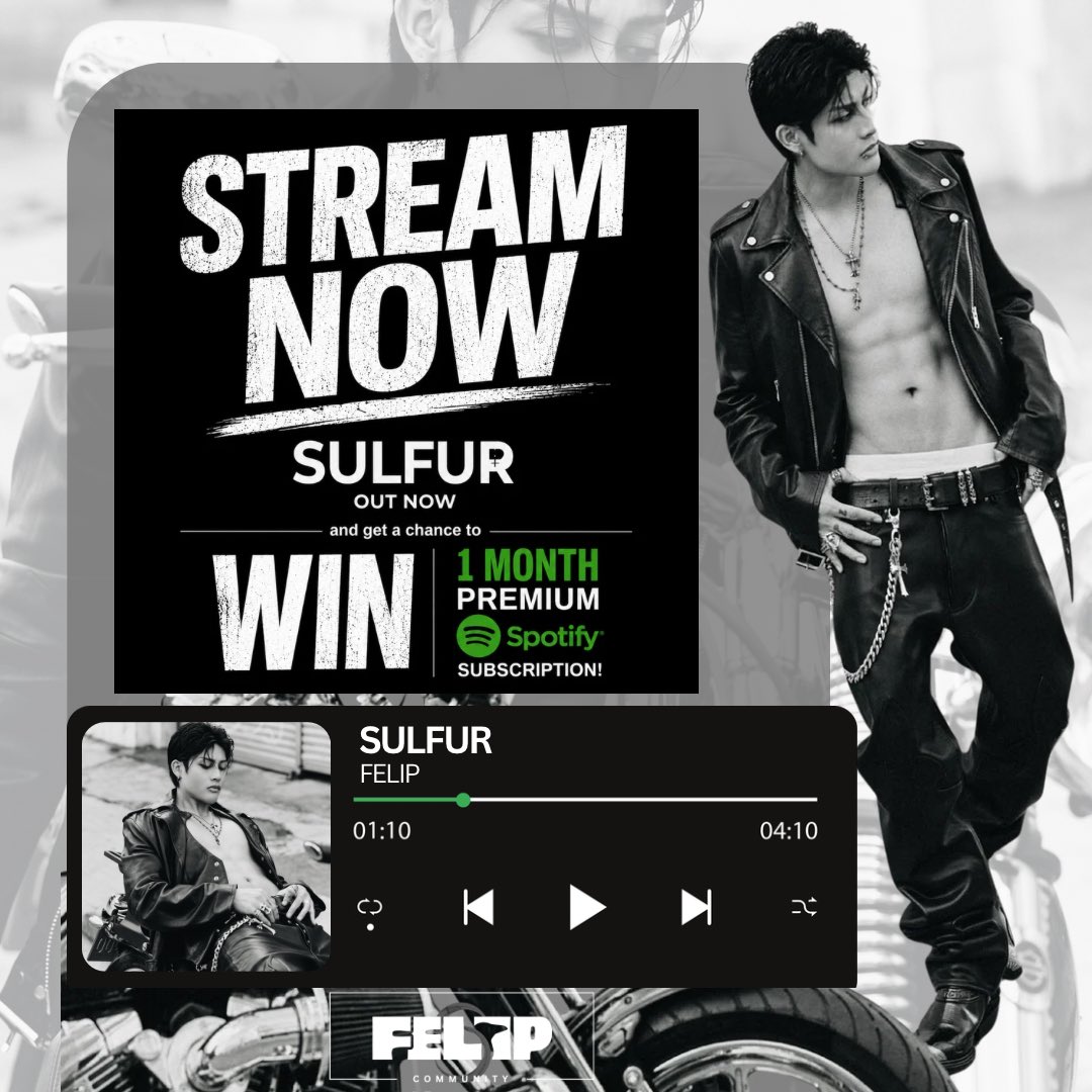 felipcommunity's tweet photo. Let's take SULFUR to #1! 🔥
Help us stream and get a chance to win 1 month Spotify Premium Subscription! 🤘🏼

More details here:
https://t.co/h6m1VUzce0

#FELIP_SULFUR https://t.co/cNnNRVlM6T