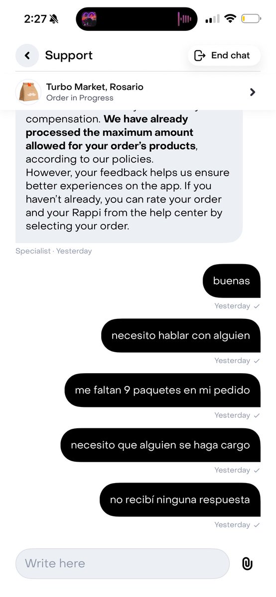 justo_canob's tweet photo. @RappiArgentina  mi pedido vino sin 9 paquetes, hice 2 reclamos y hable con la repartidora y no me respondió nadie https://t.co/Ey67lDx01W