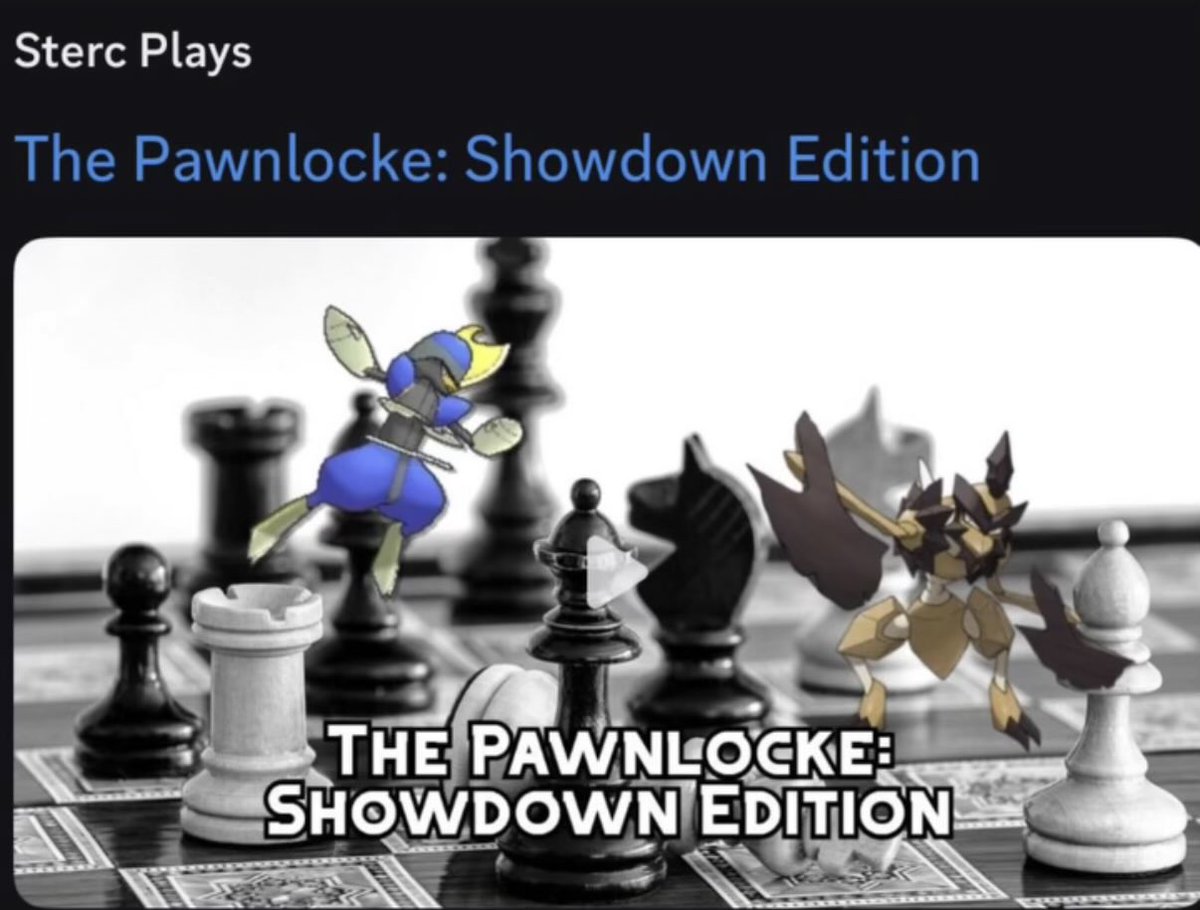 stercplays's tweet photo. Two years ago I created a Nuzlocke Challenge called the Pawnlocke. It's my only video to date to crack 1k views; and I wanted to revisit it. I've not done a playthrough with it, but I thought a Pokemon Showdown challenge would be really fun! Link to the video below, check it out! https://t.co/N1pUpbEJvr