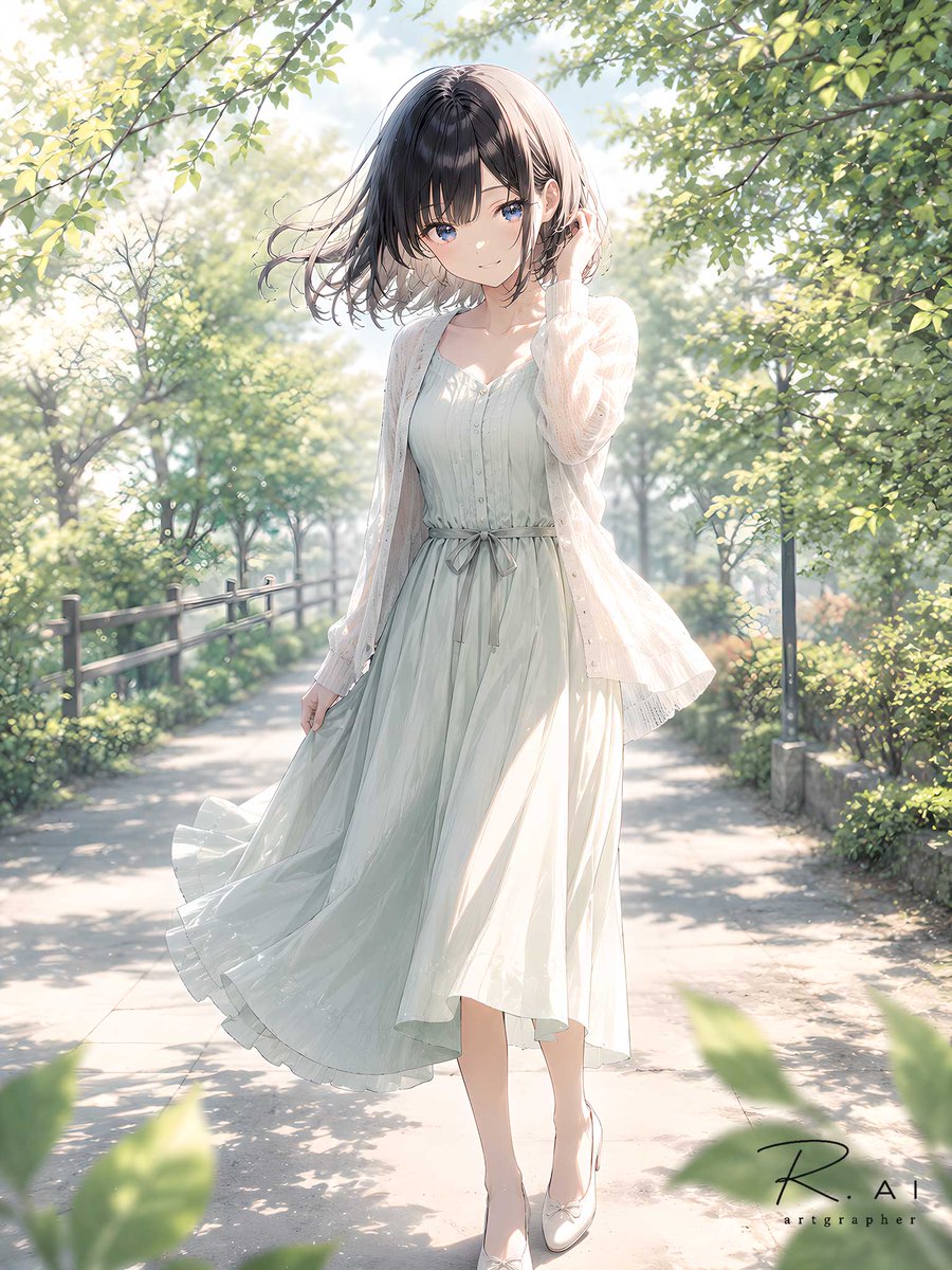 『5:56 ナギ - 木漏れ日の小径で』
おはようございます。
朝の光が、白いワンピースの裾まで静かに届いていました。
風に髪を揺らしながら、ナギは少しだけ立ち止まる。
今日という一日が、やさしく始まっていく気がします。