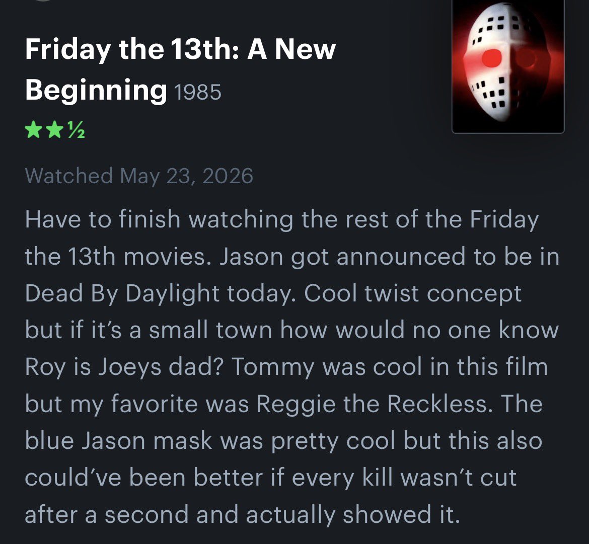 horrorhavens's tweet photo. Got around to watching #Fridaythe13th Part 5 and 6. Part 5 was kinda eh but part 6 is my new favorite F13th film in the franchise🔪 https://t.co/bvtTKkX0kZ