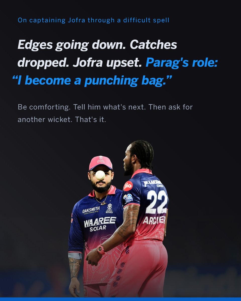 cricinfo's tweet photo. Into the mind of Riyan Parag's style of leadership 🧠

The big Cricket Monthly interview 🎙️: https://t.co/AZyEfrKyBD https://t.co/k8misLHCVm