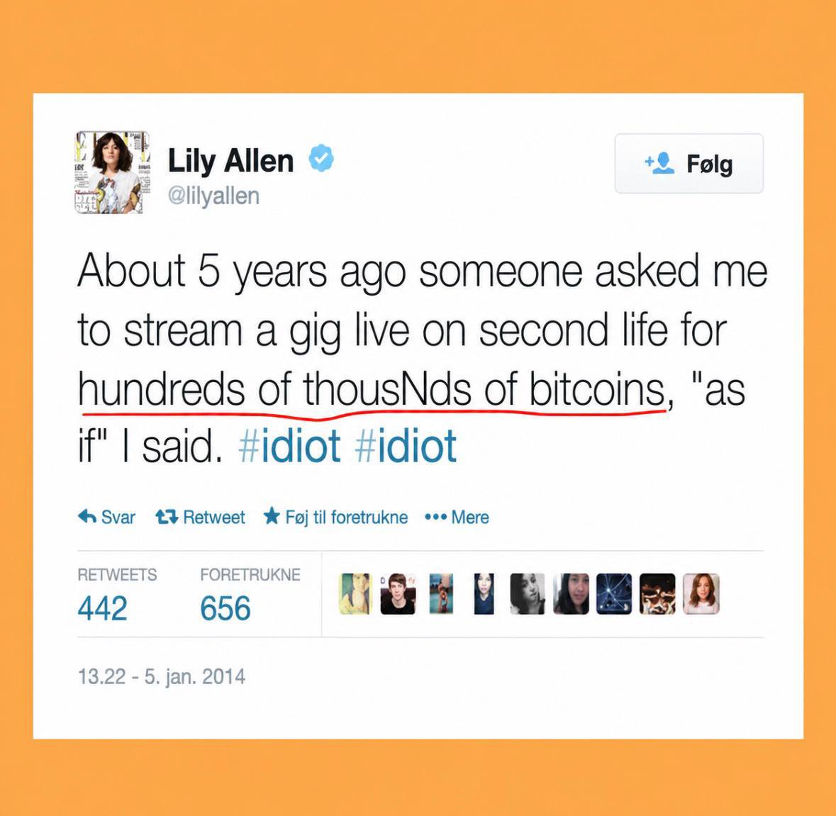 hailey_cryptoo's tweet photo. If you are having a bad day, just remember...

In 2009, Lilly Allen turned down an offer of 200K $BTC to perform a gig.

Today, it's worth $16.2 billion 🤯🤯🤯

The biggest fumble in history https://t.co/817E6wNJ4J