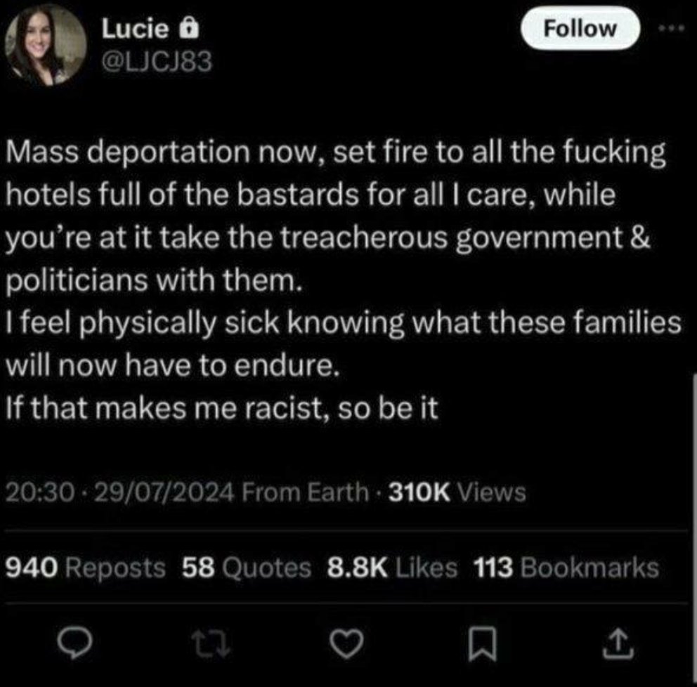 Kane98SE's tweet photo. @GlenIrvine1 @TJ_Dovey @justdavenow89 I dont know man, it seems like Lucie is a terrible person.  She is literally saying we should set fire to all the hotels full of people. This is not what a good person would say. https://t.co/uCDdubbI3k