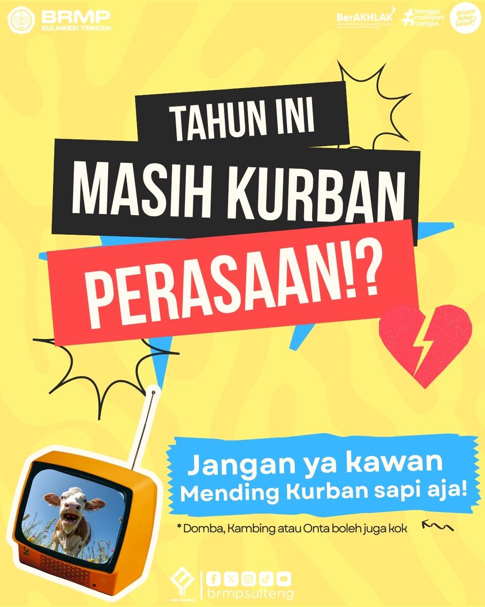 brmpsulteng's tweet photo. TAHUN INI MASIH KURBAN PERASAAN? π Mending kurban sapi aja, SobaTani! πβ¨
#IdulAdha2026 #KurbanASUH #PertanianModern #BRMPSulteng #KementerianPertanian #SapiKurban #PeternakanSulteng #SobaTani #TipsPertanian #Kurban2026 https://t.co/pnsTyqNuRE