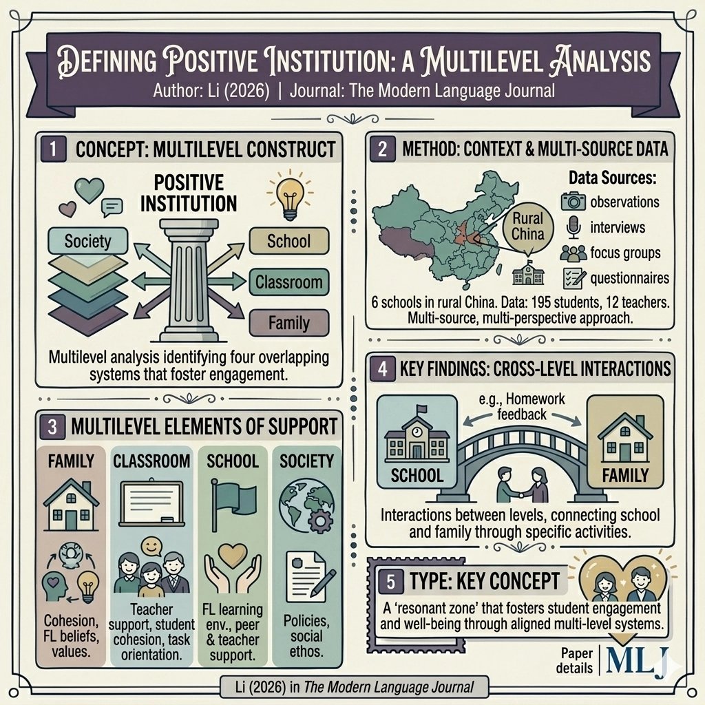 ModernLanguageJ's tweet photo. What counts as a positive institution? 

Li maps support across family, classroom, school, and society in rural China.  

Li (2026). The Modern Language Journal. https://t.co/ikYMDZckg5

#MLJContentSeries https://t.co/J7DzPUUyYw