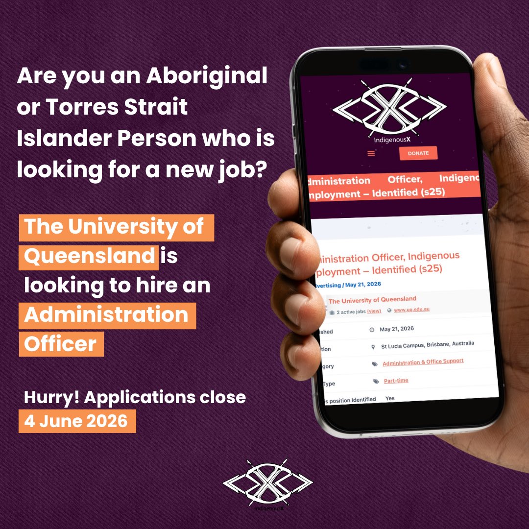 IndigenousX's tweet photo. Position: Administration Officer, Indigenous Employment – Identified (s25)
Location: St Lucia Campus, Brisbane, Australia
Employer: The University of Queensland
Applications close: 4 June 2026 at 11.00pm https://t.co/8qyQAkrHx4