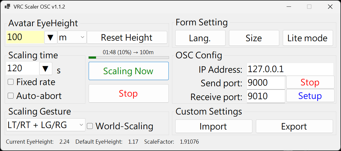 phone23451's tweet photo. VRC Scale OSC v1.1.2 has been released. Main updates include:
1.Improved the stability of OSC parameter capture. If you are using /avatar/parameters control, restarting the application should no longer be necessary.
2.Added a remaining time display for smooth scaling transitions. https://t.co/XoRetKzom8