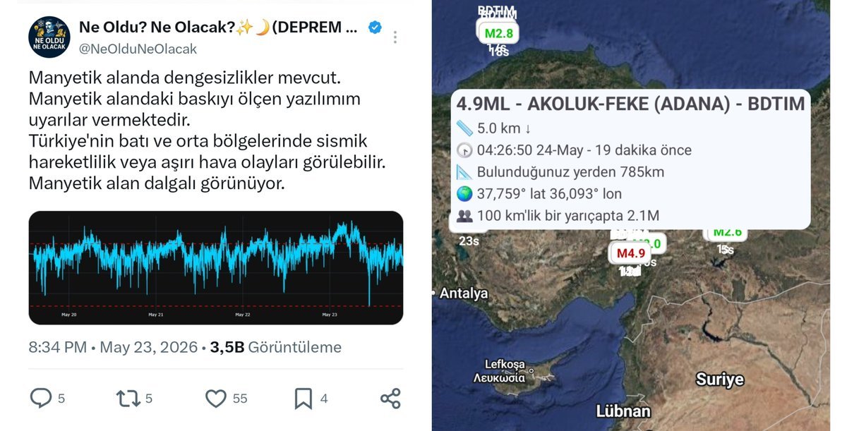NeOlduNeOlacak's tweet photo. Adana'da meydana gelen M4.9 büyüklüğünde ki deprem'den 8 saat önce #deprem olabilir diye uyarı geçtim.

Whatsapp grubumuzda 8 saat öncesinde M4.9 büyüklüğünde #deprem olacak dedim.

Ben burada yazdıklarımı boşa laf olsun diye yazmıyorum.Yaşayarak görmeniz ise en büyük ispatıdır. https://t.co/cqAaBX9JGy