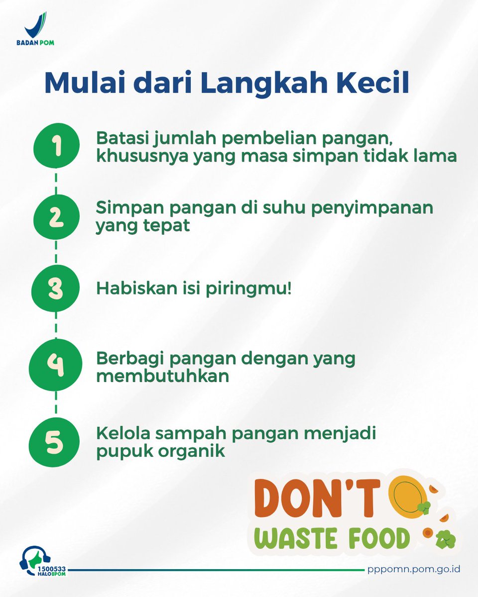 pppomnbpom's tweet photo. Hai #SahabatBPOM, taukah kamuu?
"Hampir setengah dari sampah kita... adalah makanan."
Yuk kita mulai dari langkah-langkah kecil yang bisa kita lakukan untuk menurunkan food loss and waste ✨
#BPOMRI #PPPOMN #foodlossandwaste https://t.co/FaaCdxxM6E
