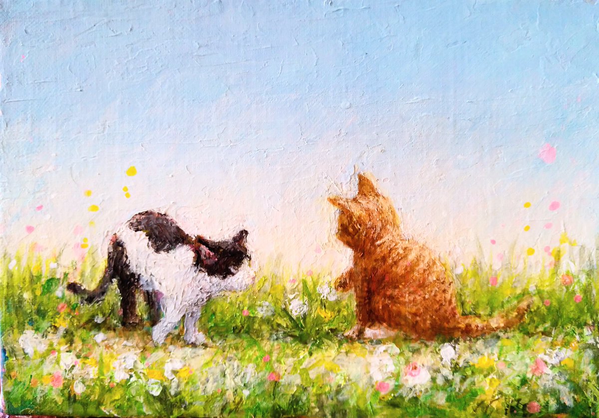 アナログはいいぞ #猫 #ねこ 「戯れ」SM アクリル画