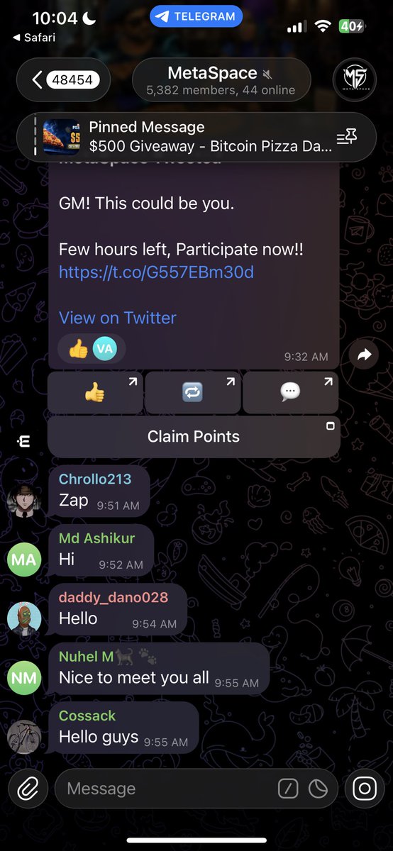 pttsmaeow's tweet photo. @metaspace_verse 🍕 Happy Bitcoin Pizza Day @metaspace_verse!

Followed, liked &amp; RT’d
Telegram joined

$100 would buy a legendary pizza feast 🔥

Tagging: @Bogzkie1 @k1ss3sx08 

#BitcoinPizzaDay #MetaSpace https://t.co/y3Kddsc3Af