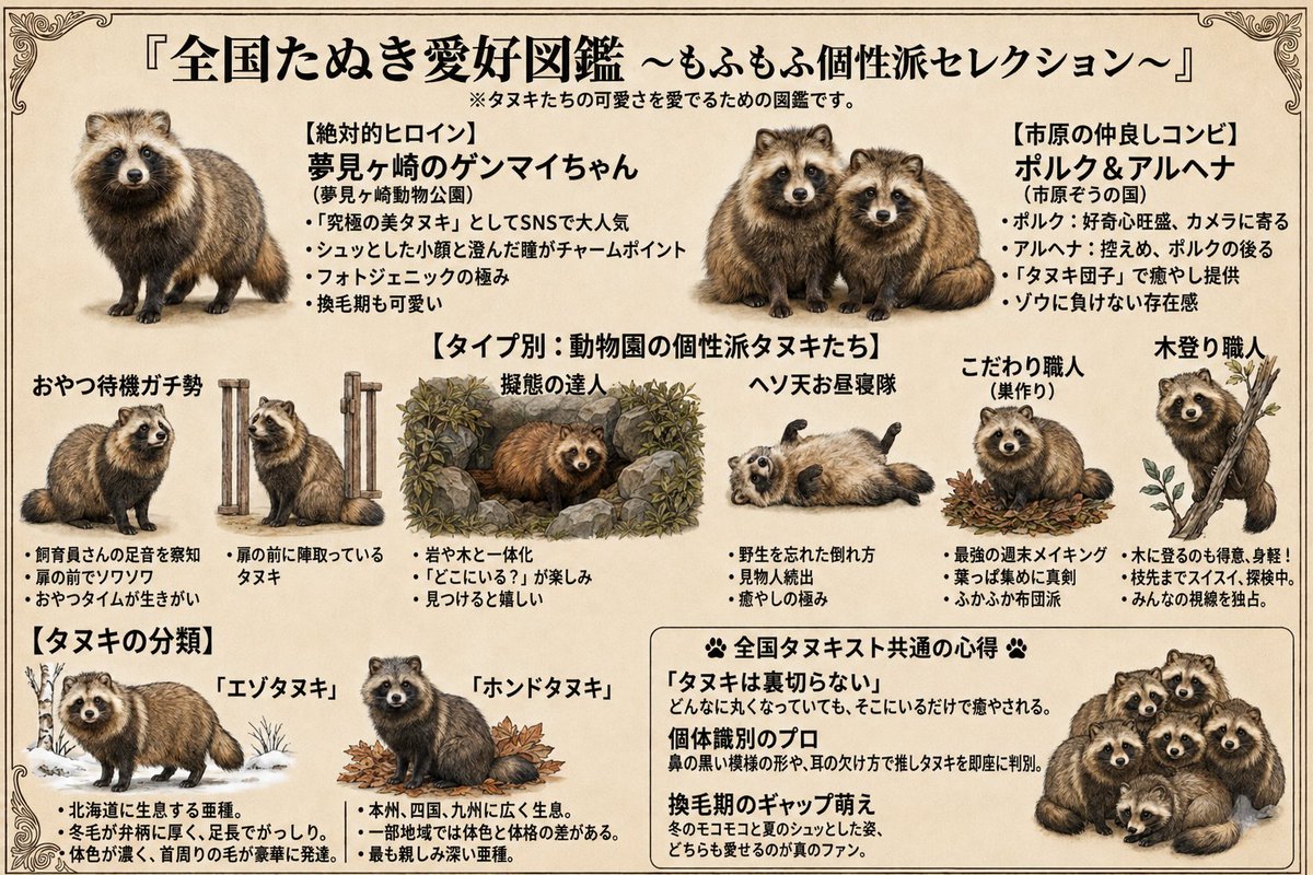T0M08639's tweet photo. 流行りにのってAlでたぬき図鑑を作ってみました。特徴とらえてるかな？　AI作成
#ホンドタヌキ https://t.co/1jtvBDfTCY
