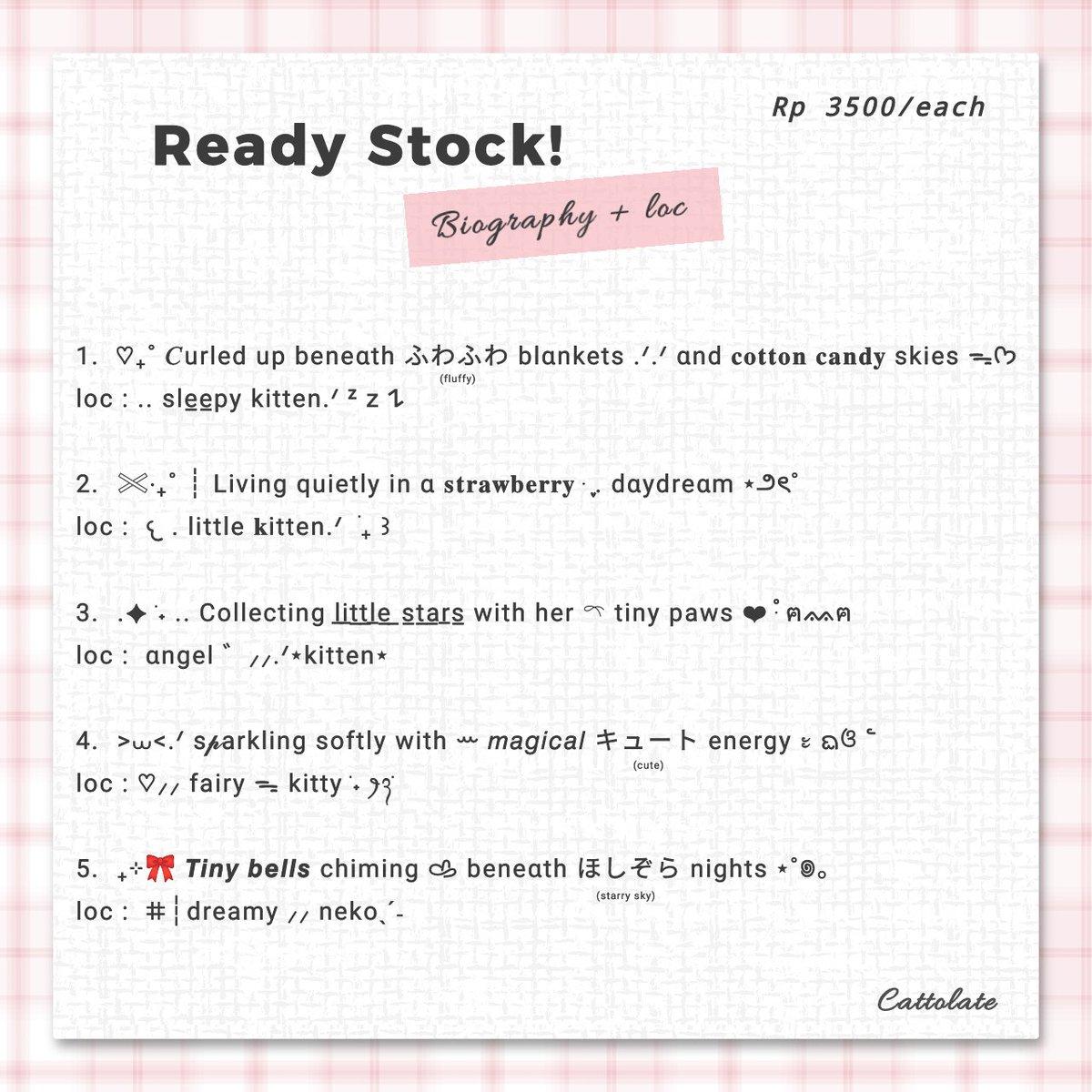 cattolate's tweet photo. A repost would be appreciated ૮₍ ˃ ⤙ ˂ ₎ა🍓

Hi, Gia bawa ready stock wording bio + loc < non twitpane > lagi ❗❗ 
Kali ini dengan tema:: mpus ^. .^₎Ⳋ
Harganya masih sama, 35OO/ea dan bisa via QRIS 🤳

Ayo jajan di Gia! ᨐᵐᵉᵒʷ
#zonauang https://t.co/xvnBQNGH4u