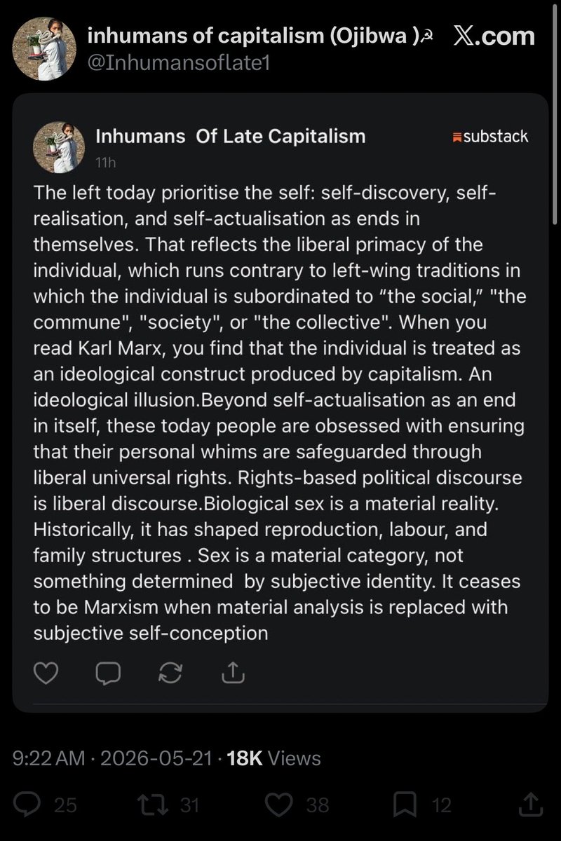 MarxianAngel's tweet photo. Inhumans of capitalism is a moronic ACP adjacent chud who believes his social conservativism is synonymous with communism.

He called a 17 year old trans girl a “pedo” for having a pic of two anime girls kissing in their banner 

He then posted a ChatGPT TERF-communism manifesto https://t.co/ODjsQoQn0W