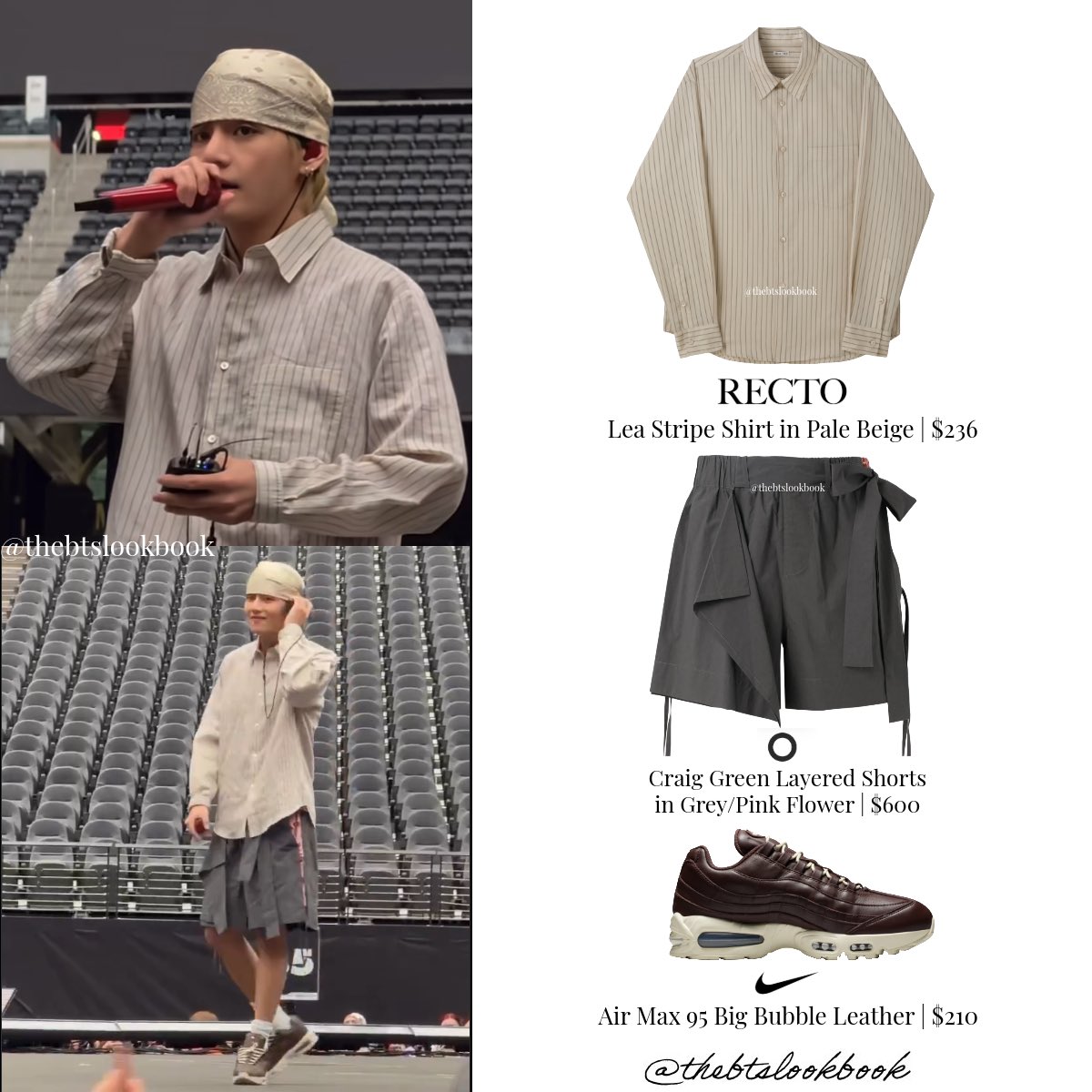 V wearing RECTO “Lea Stripe Shirt”, Craig Green “Layered Short in 