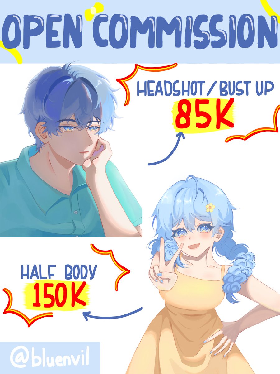 bluenvil's tweet photo. OPEN COMMISSIONS 🎨
♡ and ↻ very appreciated!

Haloo! Aku buka komisi buat lokal 🇮🇩 Ada style anime dan chibi loh^^

Harga mulai 85k ajaa ✨
Full detail tos ada di thread bawah ya!⬇️

📩 Open 5 slots only!
Kalau tertarik, langsung DM ya💗
#commissionsopen #commissionart #artidn https://t.co/GicmlW2vDG