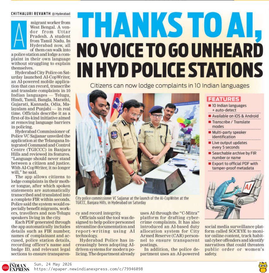 hydcitypolice's tweet photo. ➡️𝐀 𝐦𝐚𝐣𝐨𝐫 𝐬𝐭𝐞𝐩 𝐭𝐨𝐰𝐚𝐫𝐝𝐬 𝐜𝐢𝐭𝐢𝐳𝐞𝐧-𝐟𝐫𝐢𝐞𝐧𝐝𝐥𝐲 𝐩𝐨𝐥𝐢𝐜𝐢𝐧𝐠

➡️𝐁𝐫𝐞𝐚𝐤𝐢𝐧𝐠 𝐥𝐚𝐧𝐠𝐮𝐚𝐠𝐞 𝐛𝐚𝐫𝐫𝐢𝐞𝐫𝐬 𝐭𝐡𝐫𝐨𝐮𝐠𝐡 𝐭𝐞𝐜𝐡𝐧𝐨𝐥𝐨𝐠𝐲 

➡️𝐇𝐲𝐝𝐞𝐫𝐚𝐛𝐚𝐝 𝐂𝐢𝐭𝐲 𝐏𝐨𝐥𝐢𝐜𝐞 𝐢𝐧𝐭𝐫𝐨𝐝𝐮𝐜𝐞𝐝 𝐚 𝐧𝐞𝐰 𝐀𝐈-𝐛𝐚𝐬𝐞𝐝  𝐚𝐩𝐩𝐥𝐢𝐜𝐚𝐭𝐢𝐨𝐧 𝐟𝐨𝐫 𝐬𝐦𝐚𝐫𝐭𝐞𝐫 𝐚𝐧𝐝 𝐢𝐧𝐜𝐥𝐮𝐬𝐢𝐯𝐞 𝐩𝐨𝐥𝐢𝐜𝐢𝐧𝐠.