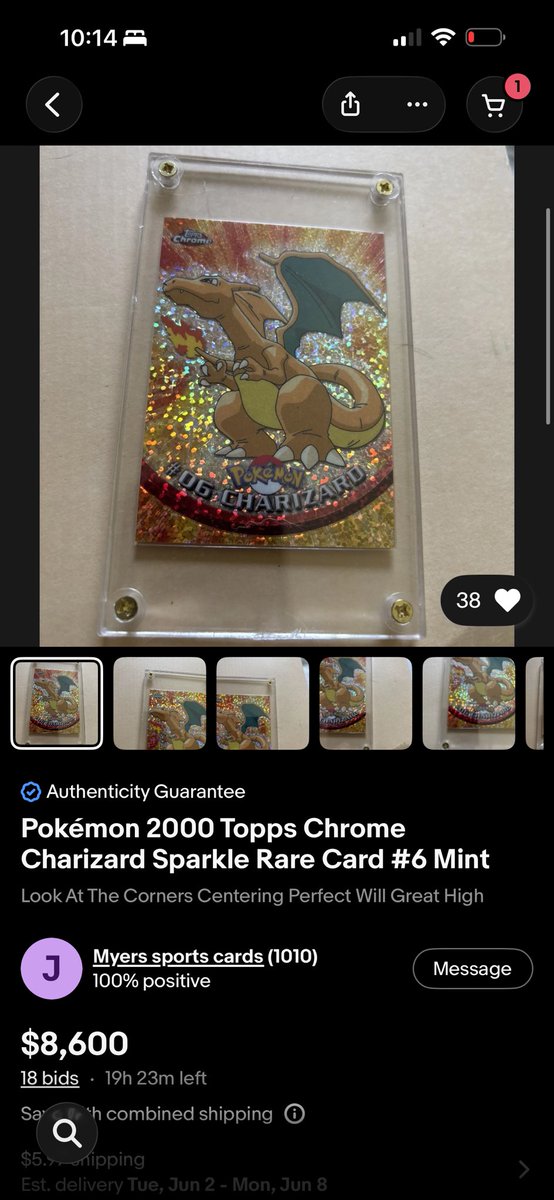 Raw Topps Sparkle Charizard now bid up to $8600 in auction with about a day  left