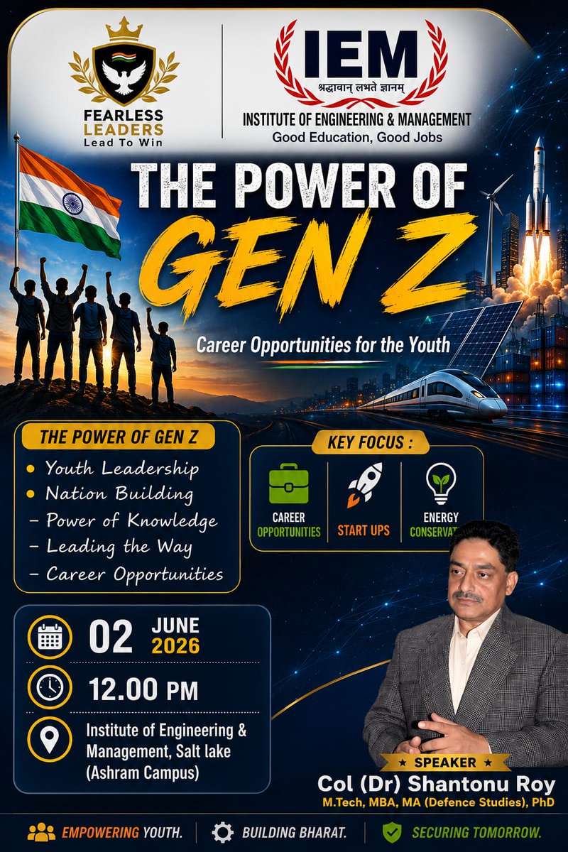 Majorroy25's tweet photo. My forthcoming Lectures at Burdwan University (29 May 26) and IEM (02 Jun26). It will be live on my channel : FEARLESS LEADERS. 
#fearlessleaders#BurdwanUniversity#IEM#NationBuilding#youthempowerment https://t.co/2hzs2L9VGc