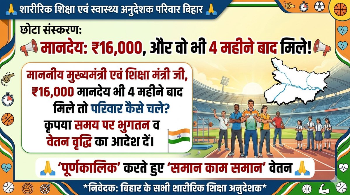 ArvindKuma39407's tweet photo. @mkrtiwari_bjp छोटा संस्करण:*

*माननीय मुख्यमंत्री एवं शिक्षा मंत्री जी,*  
₹16,000 मानदेय भी 4 महीने बाद मिले तो परिवार कैसे चले?  
कृपया समय पर भुगतान व वेतन वृद्धि का आदेश दें।  
🙏 #पूर्णकालिक करते हुए #समान #��ाम #समान #वेतन🙏

*निवेदक: बिहार के सभी शारीरिक शिक्षा अनुदेशक* https://t.co/ospBdWQfDI