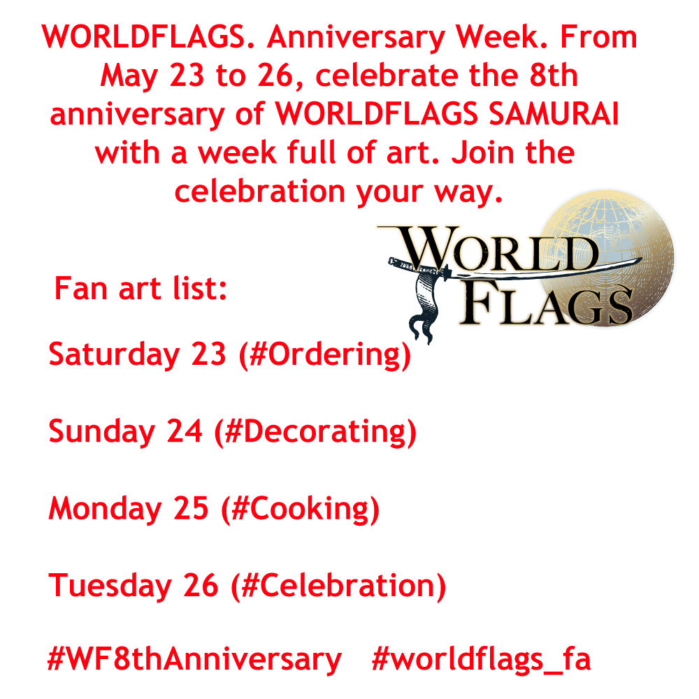 Worldflagsni's tweet photo. 📢 "Worldflags Anniversary Week" – Fan Art from May 23rd to 26th! Celebrate Worldflags' 8th anniversary with a week full of art! Join the celebration in your own style! ✨
#worldflags_fa #WF8thAnniversary #ワーフラ #ワールドフラッグス #worldflags #worldflags_samurai #Warfla https://t.co/llxilGAvZz